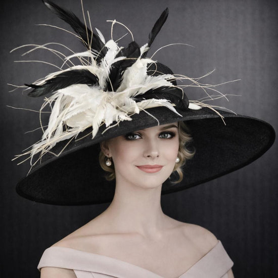 Wide Brim Kentucky Derby Hat, Ascot Hat for Wedding & Tea Party, Garden Party Hat, Mother of the Bride, Church Black w White