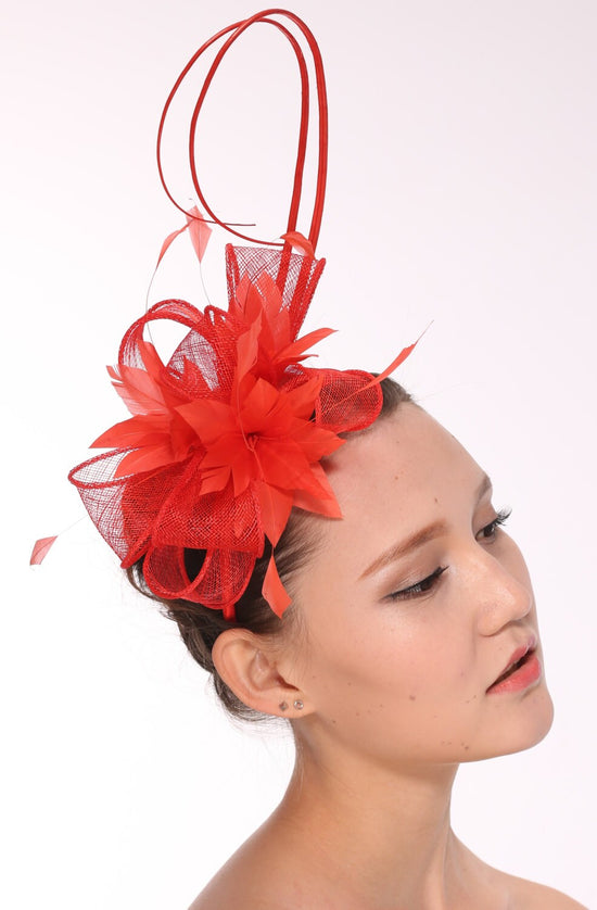 DerbyFeather Floral Sinamay Headband Fascinator Cocktail Red