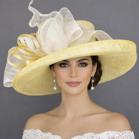 Wide Brim Sinamay  Hat for Kentucky Derby, Ascot Racing Hat, Elegant Wedding Guest Hat, Mother of the Bride Hat Yellow w White